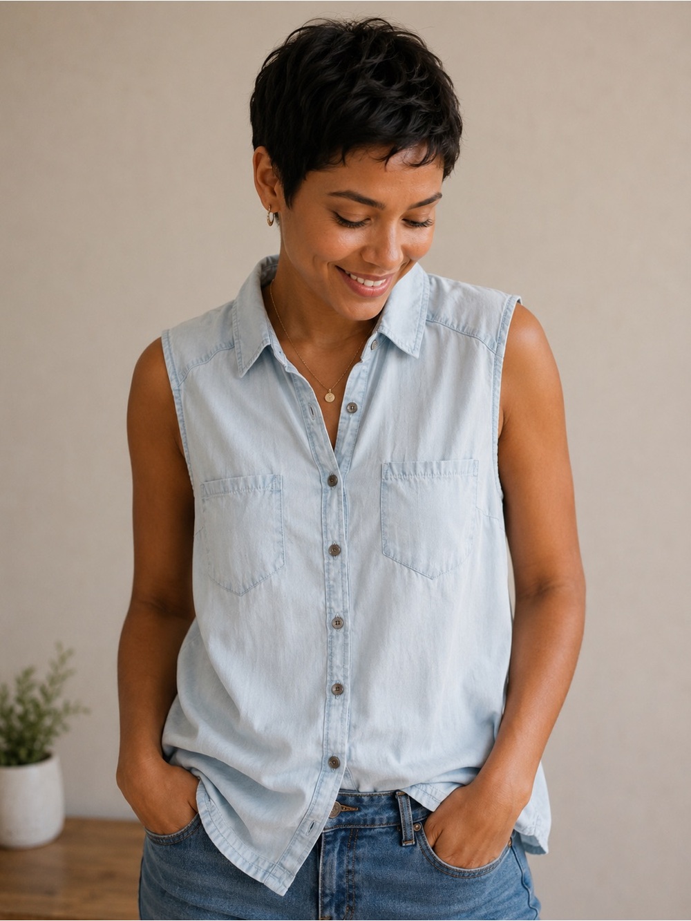 SO Women’s Medium Sleeveless Chambray Button Front Shirt Light Blue Casual Top
